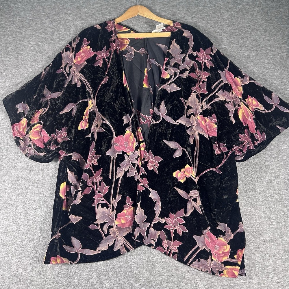 Entro Kimono Cardigan Top Women M/L Black Floral Velvet Burnout Whimsigoth Fairy